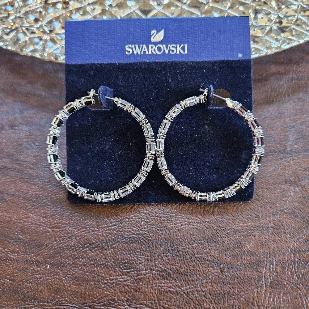 SWAROVSKI Rhodium Black White Triangle Crystal Millenia Hoop Earrings
